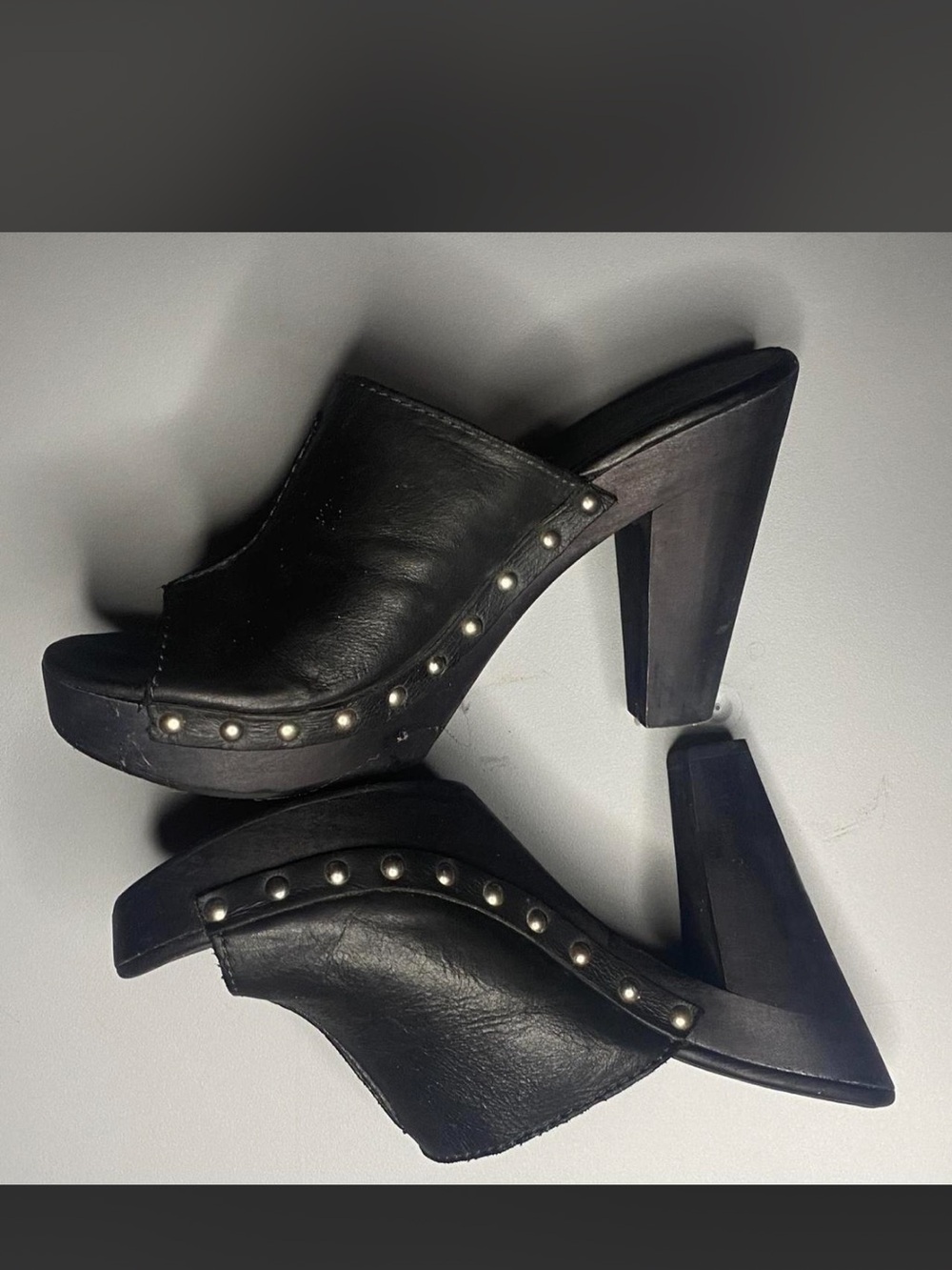 Black Studded Leather Platform Mule Heels